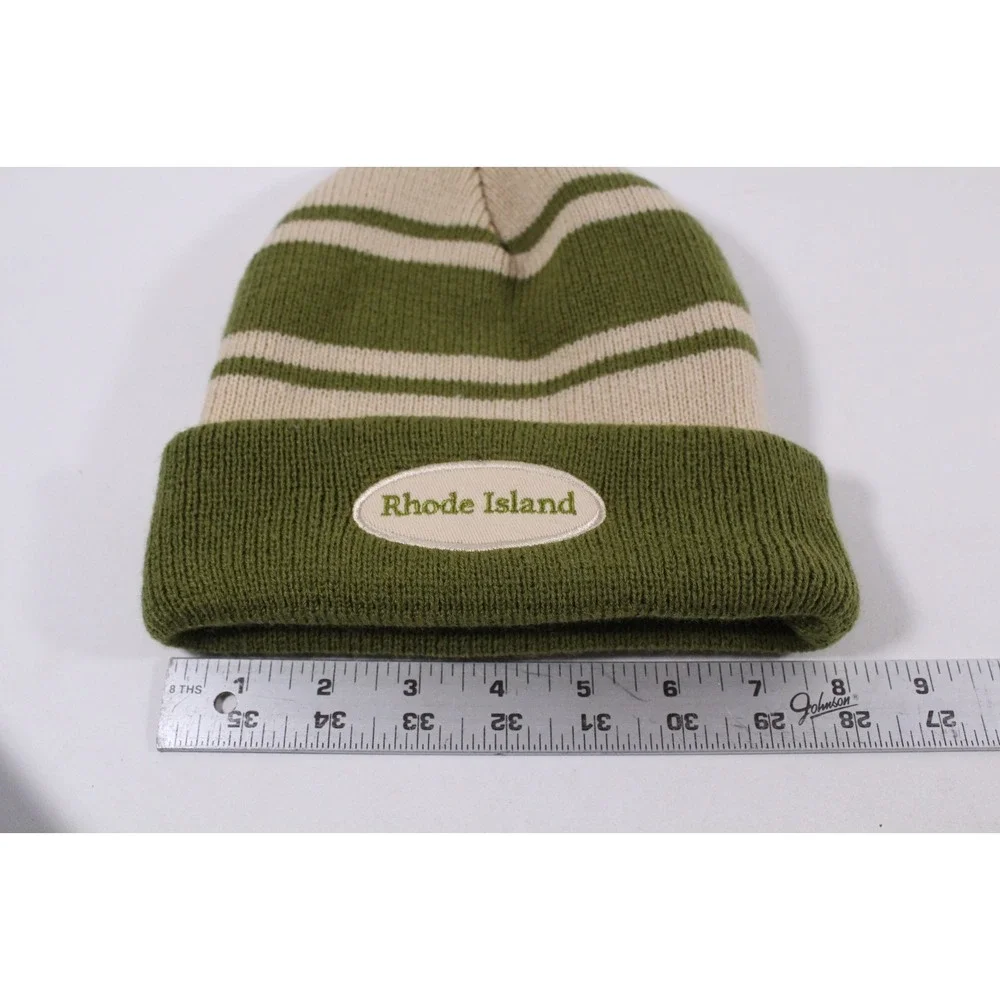 Rhode Island Embroidered Tan/Green Stripe Beanie Unisex 100% Acrylic One Size‎